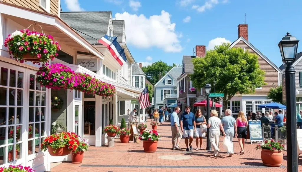 Dock Square shopping area in Kennebunkport with colorful shops