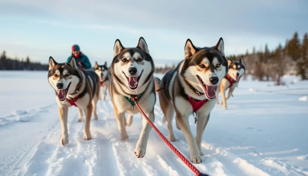 Dog sledding in Troms og Finnmark, Norway, with a team of energetic huskies