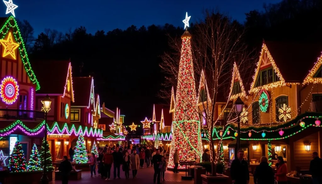 Dollywood during Smoky Mountain Christmas festival with millions of colorful lights illuminating the park