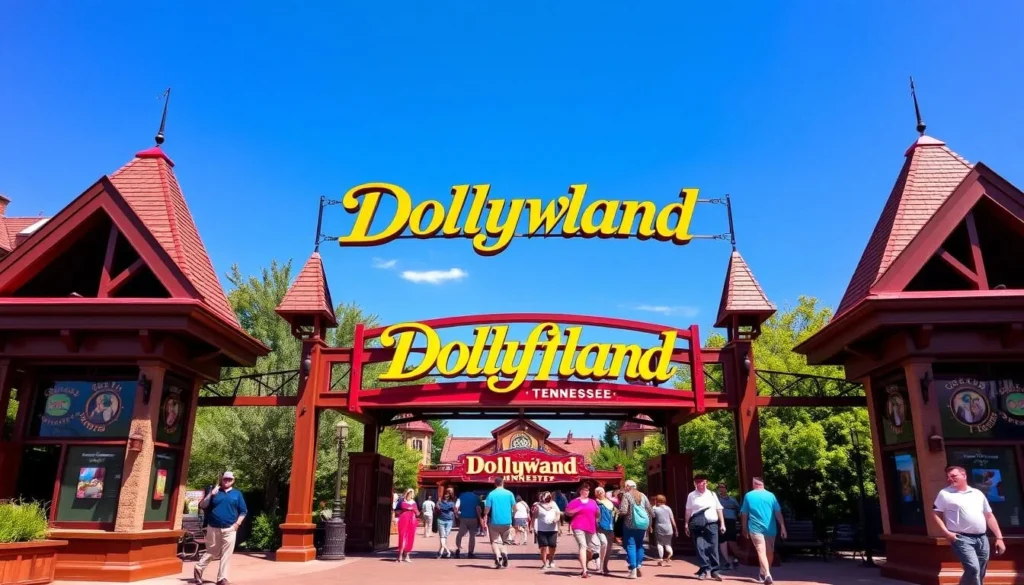 Dollywood's iconic entrance sign with visitors walking through the gates on a sunny day
