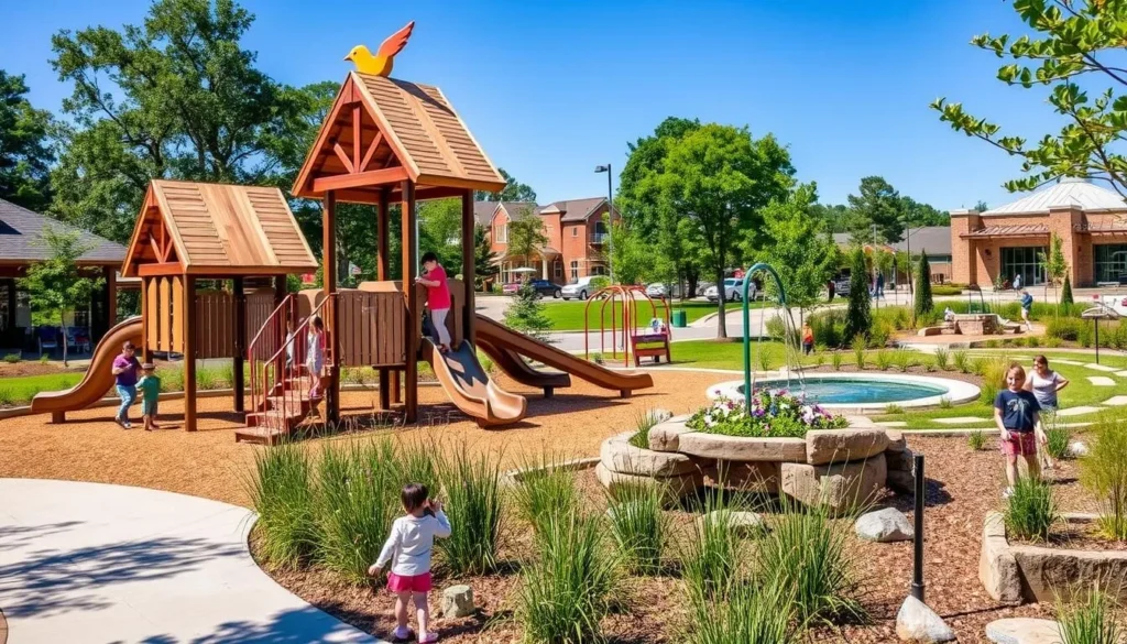 Downtown Cary Park showing the playground area with wooden cardinal structures and water features