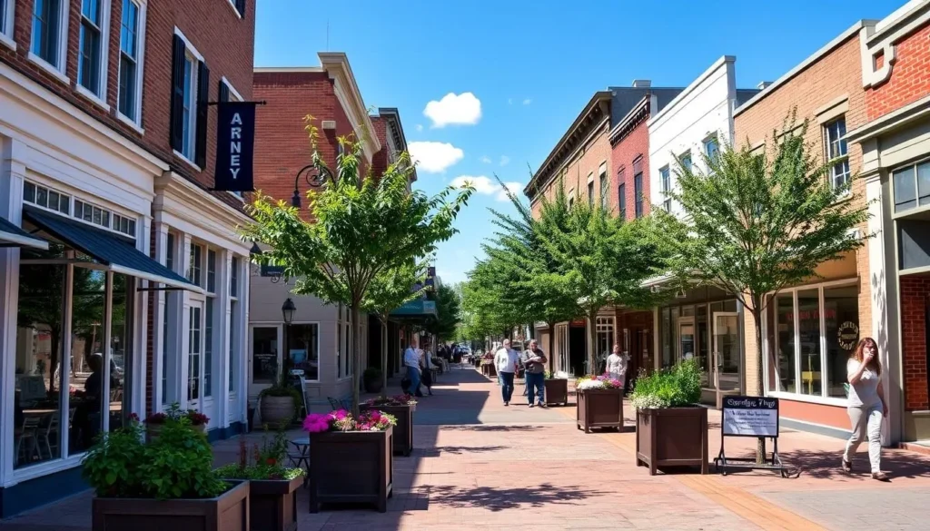 Downtown Cary street view showing historic buildings, shops, and restaurants
