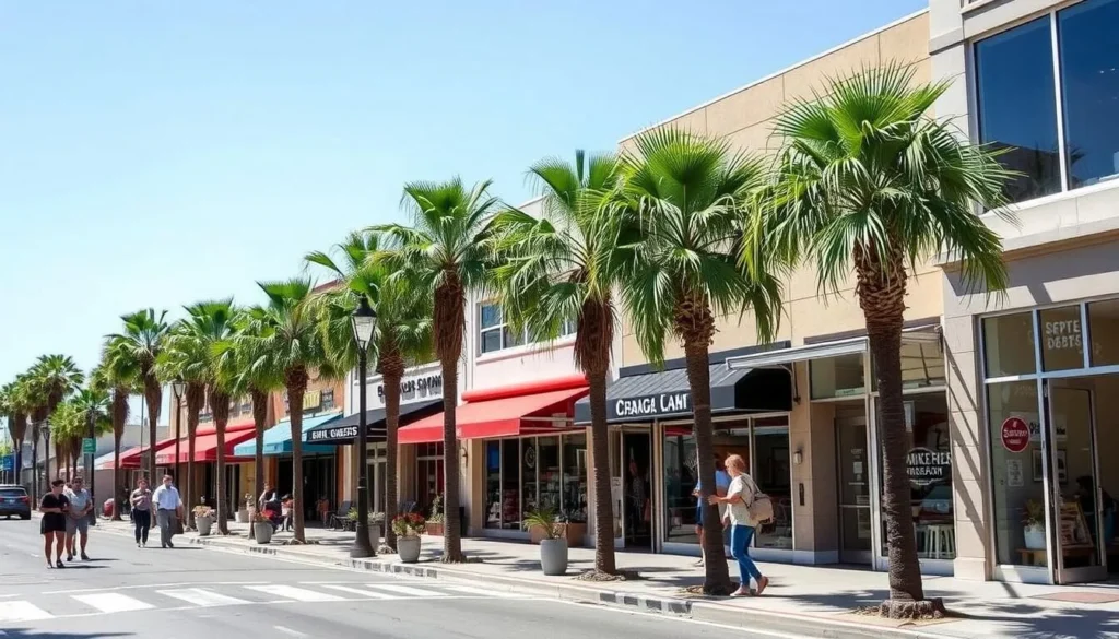 Downtown Manhattan Beach shopping street with boutique stores and pedestrians Downtown Manhattan Beach shopping street with boutique stores and pedestrians