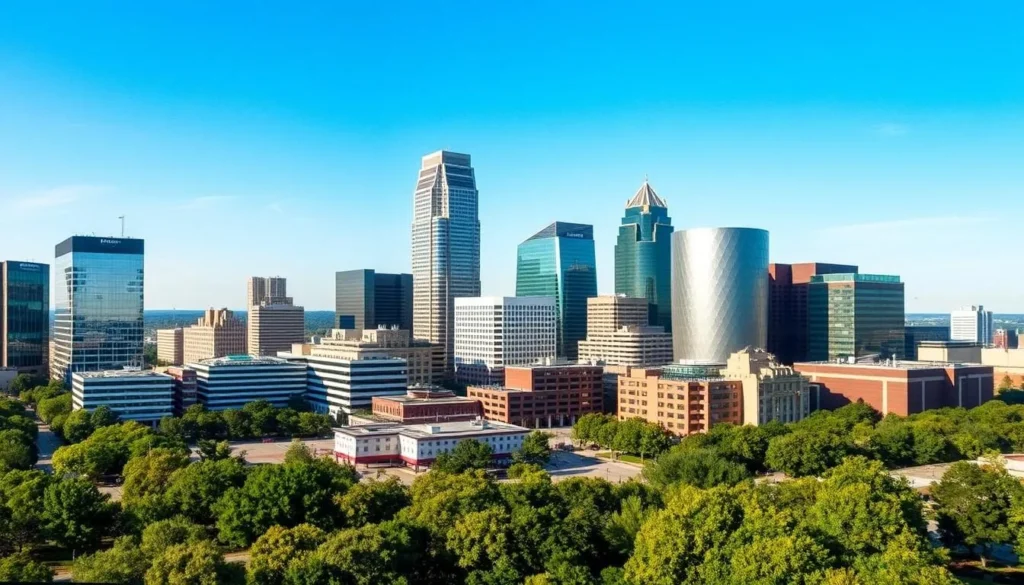 Downtown Raleigh skyline view showing modern buildings and the iconic shimmer wall