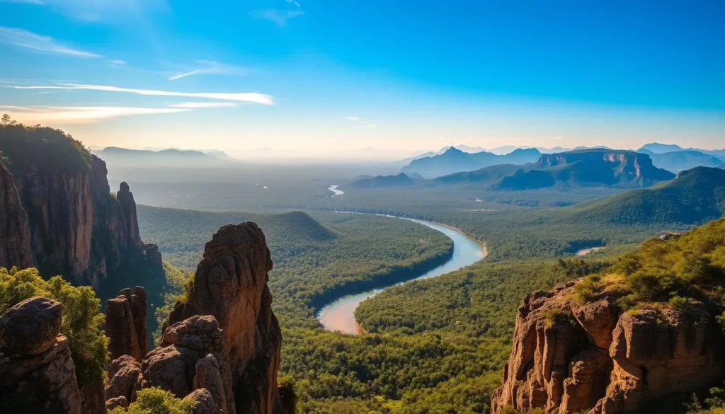 Dramatic cliffs and lush vegetation overlooking the sparkling waters of the Boa Nova National Park. A vast panoramic vista stretching out before the viewer, with a gently winding river snaking through the valley below. Warm golden sunlight filters through wispy clouds, casting a soft, ethereal glow across the scene. In the foreground, towering rock formations jut skyward, their rugged textures contrasted by the smooth, reflective surfaces of the river. The middle ground features a dense, verdant forest, its canopy of vibrant green leaves swaying in a light breeze. In the distance, the horizon is dominated by rolling hills and majestic mountains, their silhouettes sharp against the clear, azure sky. An awe-inspiring, serene landscape that captures the natural beauty and tranquility of Boa Nova National Park.
