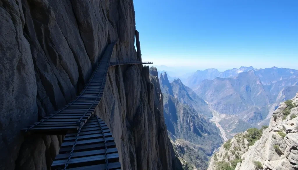 Dramatic cliffside paths and steep stairs on Mount Huashan with breathtaking views