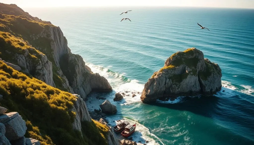 Dramatic coastal cliffs of Hemso Island in Sweden, bathed in warm afternoon sunlight. Rugged granite boulders line the shore, contrasting with the azure waters of the Baltic Sea. Lush, verdant vegetation clings to the rocky terrain, creating a serene, natural scene. Rolling waves gently lap against the shoreline, their soothing rhythm echoing across the tranquil landscape. Seabirds soar overhead, their graceful movements accentuating the picturesque setting. Capture the essence of Hemso Island's breathtaking natural beauty with a wide-angle lens, showcasing the harmony between land and sea.