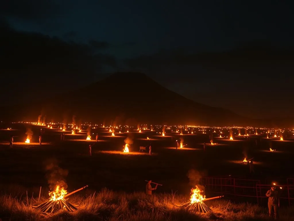 Dramatic nighttime scene of the Aso Fire Festival with massive bonfires illuminating the grasslands around Mount Aso Dramatic nighttime scene of the Aso Fire Festival with massive bonfires illuminating the grasslands around Mount Aso
