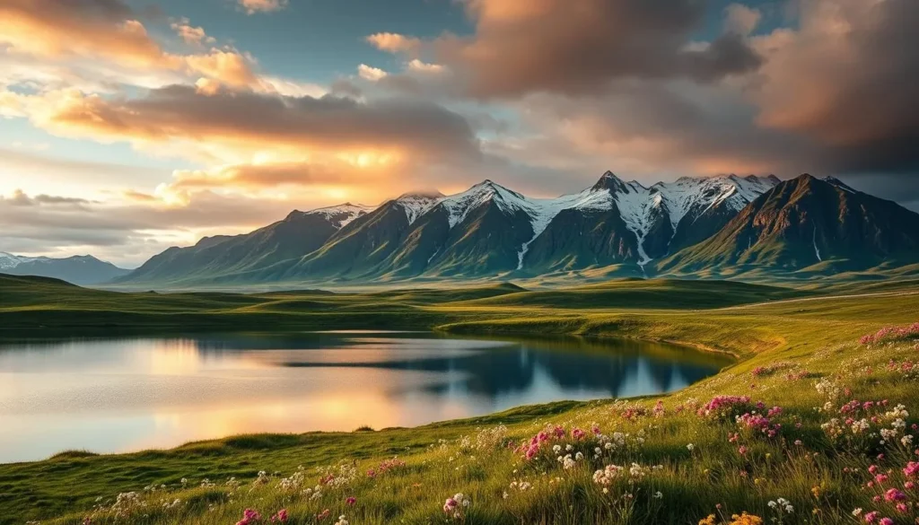 Dramatic panoramic landscape of Norway's Hardangervidda plateau, captured through the lens of a high-quality DSLR camera. Rugged mountains rise majestically in the background, their snow-capped peaks gleaming under the warm, golden hues of the afternoon sun. In the foreground, a picturesque lake reflects the surrounding natural beauty, its calm waters mirroring the dramatic sky above. Lush, verdant meadows dotted with wildflowers lead the eye towards the distant mountains, creating a sense of depth and scale. The overall scene exudes a serene, tranquil atmosphere, inviting the viewer to immerse themselves in the stunning natural wonder of this iconic Norwegian landscape.