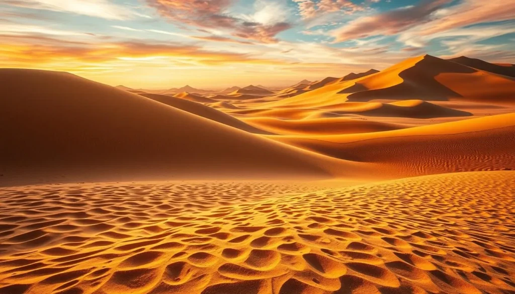 Dramatic sand dunes under a vibrant sky, sculpted by the wind into graceful waves and peaks. In the foreground, intricate textures and patterns in the fine, golden sand, inviting exploration. The middle ground features towering dunes casting long shadows, their slopes seemingly endless. In the distance, the dunes fade into a hazy horizon, creating a sense of depth and scale. Warm, directional lighting illuminates the scene, casting dramatic shadows and highlights that accentuate the dunes' form. Captured with a wide-angle lens to convey the grandeur and immensity of this breathtaking natural wonder.
