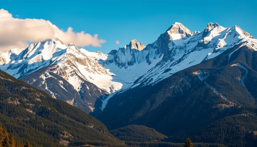 Dramatic snow-capped peaks of the Gore Range loom over the scenic Vail Valley, their rugged summits piercing the azure sky. Sunlight glints off icy glacial cirques, while lush evergreen forests cloak the lower slopes. Capture the grandeur of this iconic Colorado landscape - wide-angle view highlighting the range's jagged silhouette, accentuated by warm, directional lighting that casts dramatic shadows across the terrain. Convey a sense of scale, with the towering mountains forming a majestic, natural backdrop to the picturesque alpine environment below.