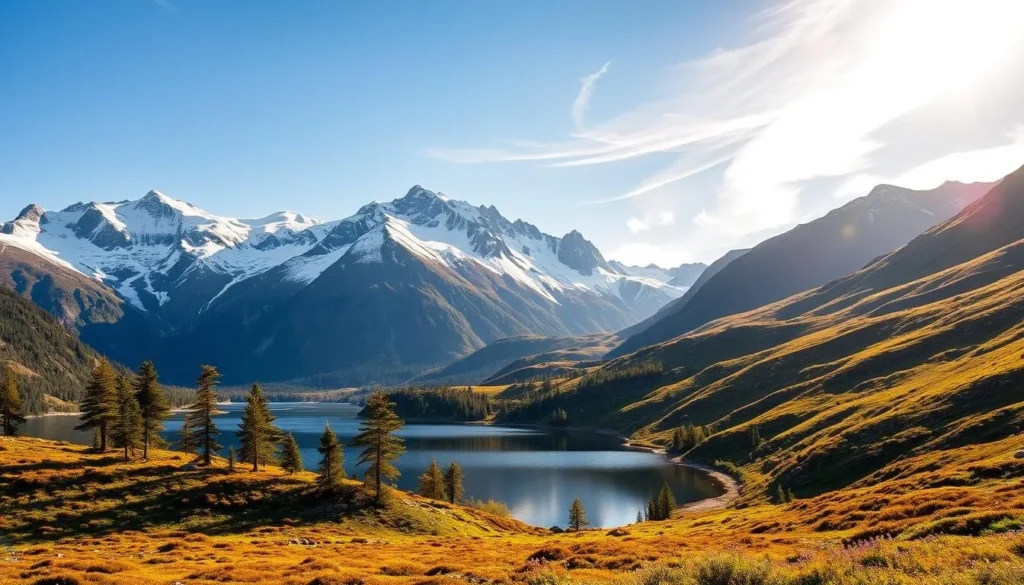 Dramatic snow-capped peaks rise majestically against a clear azure sky, their jagged contours casting long shadows over the lush, verdant valleys below. A tranquil lake reflects the rugged grandeur of the Borgefjell National Park landscape, its calm waters dotted with clusters of hardy pine trees clinging to the rocky shoreline. Warm golden sunlight filters through wispy clouds, illuminating the vibrant mosses and wildflowers that carpet the rolling hills, creating a serene, picturesque scene of natural wonder. Capture this pristine, unspoiled wilderness in a wide-angle landscape photograph, showcasing the park's breathtaking beauty and untamed majesty.