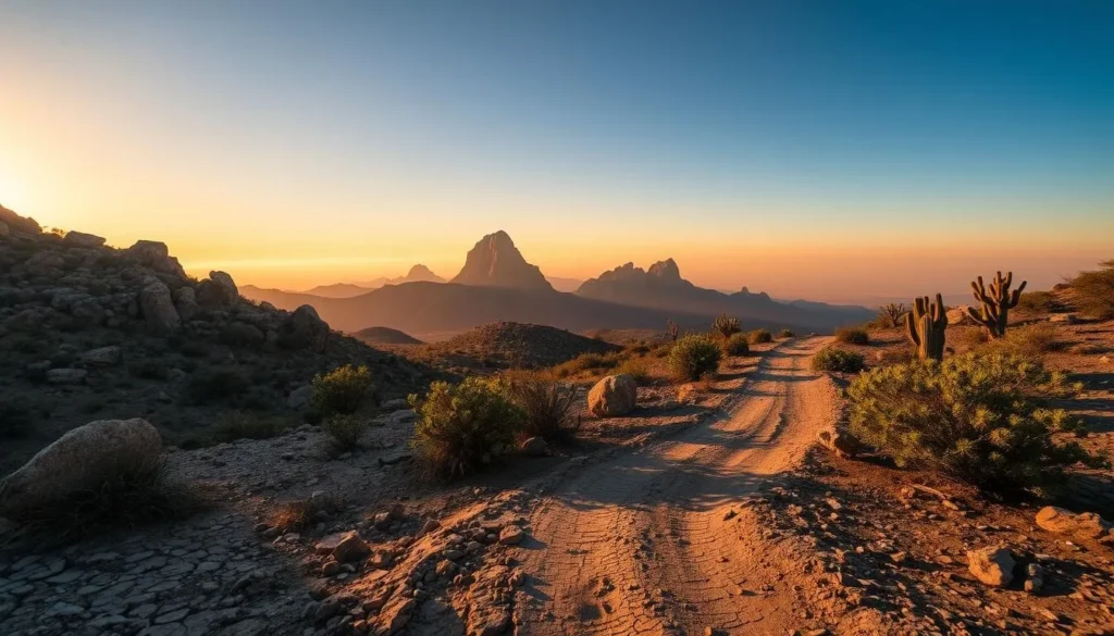 Dry season in Henri Pittier National Park, Venezuela: a sun-drenched landscape with weathered rock formations, sparse vegetation, and a hazy, golden atmosphere. In the foreground, a winding dirt trail leading through a parched, cracked earth dotted with hardy shrubs and cactuses. Midground features rugged, jagged peaks rising in the distance, their slopes cloaked in a thin veil of mist. The background showcases a vast, cloudless sky transitioning from a deep azure to a warm, amber glow on the horizon, illuminating the scene with a serene, tranquil light. The overall mood evokes the stillness and resilience of the dry season in this lush, tropical park.
