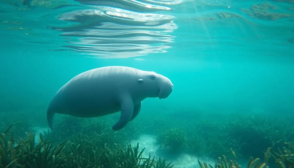 Dugong (sea cow) swimming in shallow seagrass beds near Busuanga Island