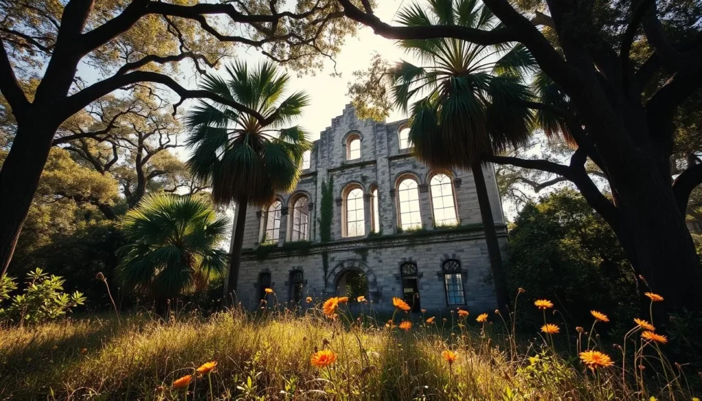 Dungeness Ruins on Cumberland Island, Georgia, on a sun-dappled day. Towering palmetto trees and lush vegetation frame the weathered ruins of a grand 19th-century mansion, its crumbling walls and arched windows evoking a sense of bygone grandeur. Soft, golden light filters through the canopy, casting warm shadows across the moss-covered stones. In the foreground, wildflowers sway gently, adding pops of color to the serene, natural setting. The rugged, unspoiled landscape surrounding the ruins invites exploration, hinting at the island's rich history and untamed wilderness. An atmospheric, cinematic scene captured with a wide-angle lens to showcase the scale and beauty of this historic site.