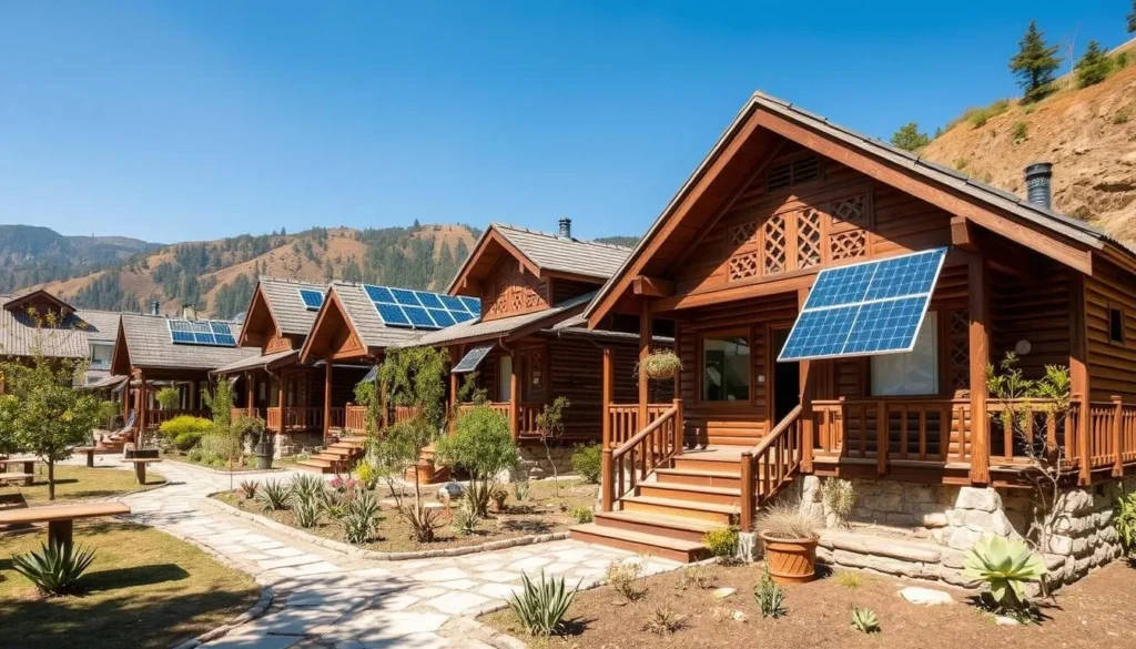Eco-friendly accommodation in the Kalasha Valleys with solar panels and traditional architecture blending with the natural environment