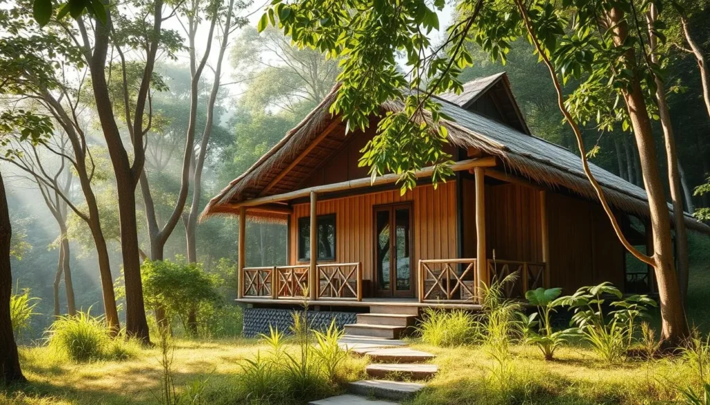 Eco-friendly cottage accommodation in Bandarban with traditional architectural elements and forest surroundings
