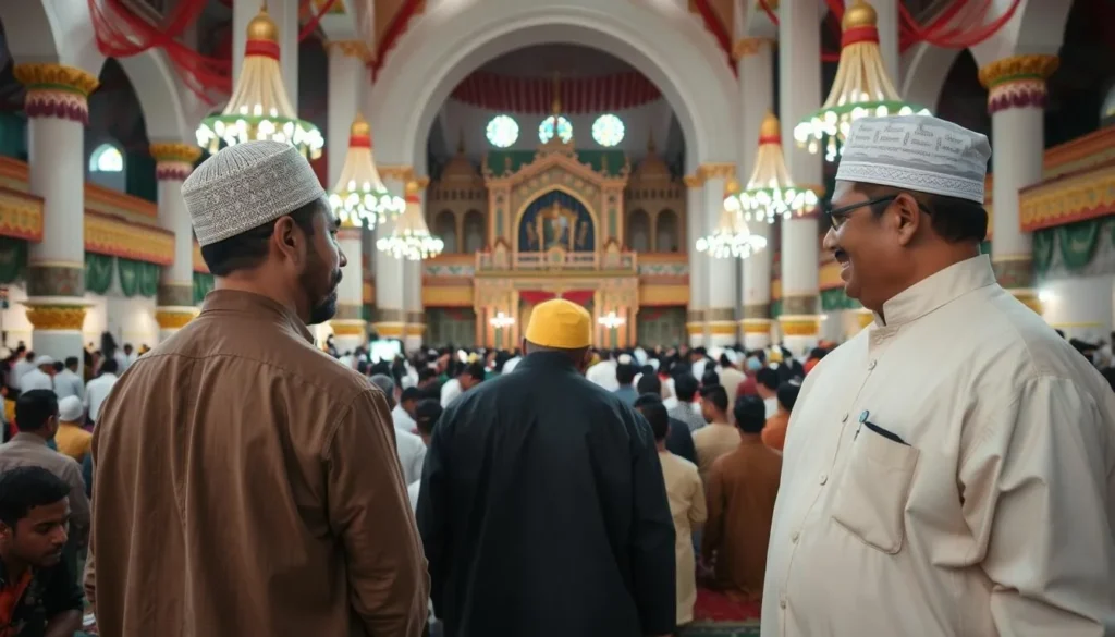 Eid celebration in Chattogram with people gathering for prayers at a decorated mosque