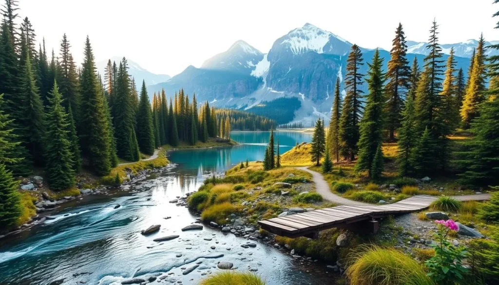 Elfin Lakes Trail, a scenic mountain path winding through lush evergreen forests and alpine meadows. In the foreground, a wooden bridge spans a crystal-clear stream, inviting hikers to cross. The middle ground features towering peaks capped with snow, their rugged grandeur reflected in the still, turquoise waters of the lakes. Soft, diffused sunlight filters through the trees, casting a warm, golden glow over the landscape. The background showcases the vast, untamed wilderness of British Columbia's Coast Mountains, hinting at the boundless adventures that lie beyond the Elfin Lakes.