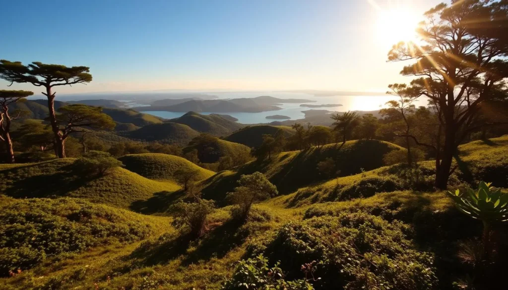 Emas National Park in the heart of Brazil, a lush landscape bathed in warm, golden sunlight. Rolling hills covered in vibrant green vegetation, dotted with towering trees casting long shadows. In the distance, a shimmering lake reflects the azure sky, inviting visitors to bask in the tranquil atmosphere. The air is crisp and clean, carrying the scent of blooming wildflowers. Capture the serene, picturesque scene through a wide-angle lens, showcasing the park's natural beauty and inviting visitors to explore its wonders.