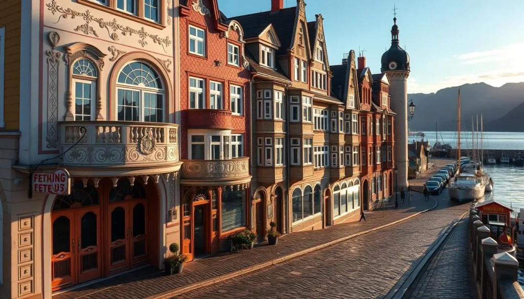 Enchanting Art Nouveau architecture in the seaside town of Alesund, Norway. Ornate facades adorned with intricate floral motifs and curved lines, bathed in warm golden sunlight. Capture the historic buildings lining a picturesque harbor, their reflections dancing on the tranquil waters. A quaint cobblestone street leads the eye towards the distant mountains, creating a serene and harmonious scene. Employ a wide-angle lens to showcase the grand scale and architectural details of this Norwegian gem, conveying a sense of timeless elegance and natural beauty.