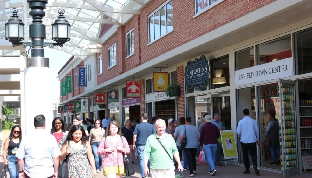 Enfield Town Center with a mix of shoppers and diverse storefronts Enfield Town Center with a mix of shoppers and diverse storefronts