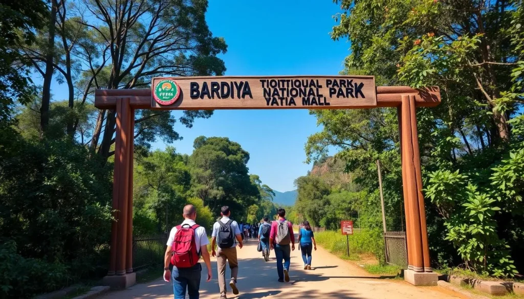 Entrance gate to Bardiya National Park with tourists arriving