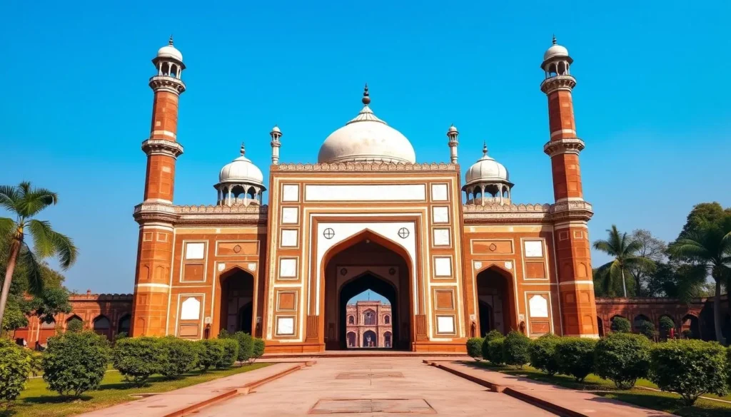Entrance gateway to Akbar's Tomb in Sikandra showing the grand red sandstone architecture with marble inlays