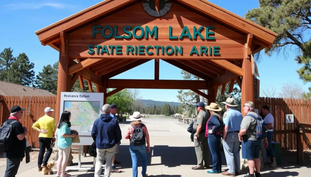 Entrance to Folsom Lake State Recreation Area showing information kiosk and park map Entrance to Folsom Lake State Recreation Area showing information kiosk and park map