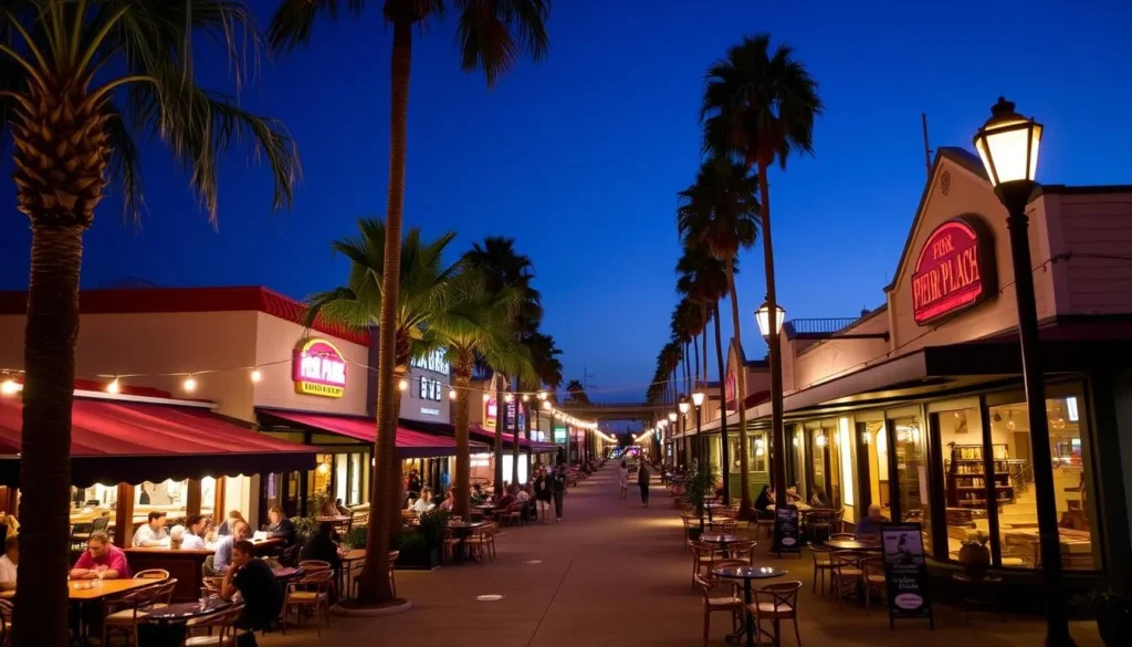 Evening scene at Pier Plaza in Hermosa Beach with restaurants and bars lit up