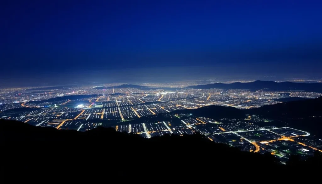 Evening view from Pir Sohawa showing lights of Islamabad city below