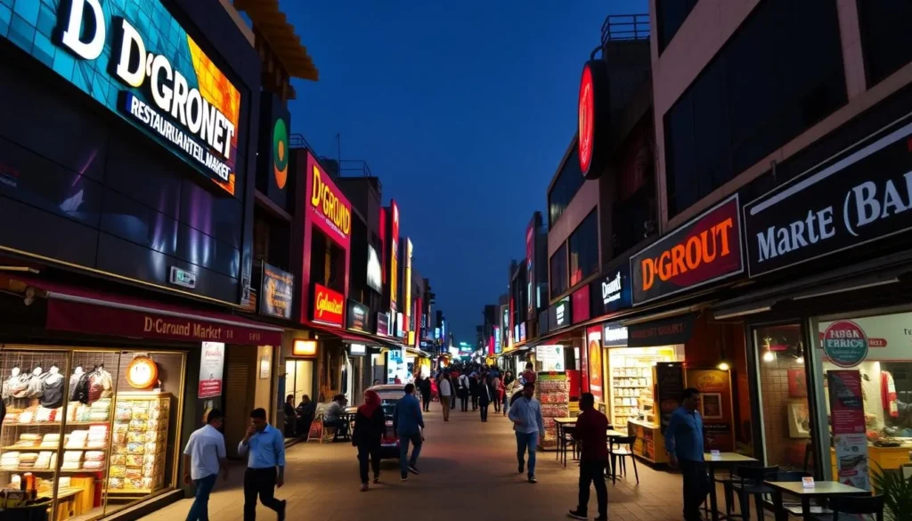 Evening view of D-Ground Market in Faisalabad with shops, restaurants, and local shoppers