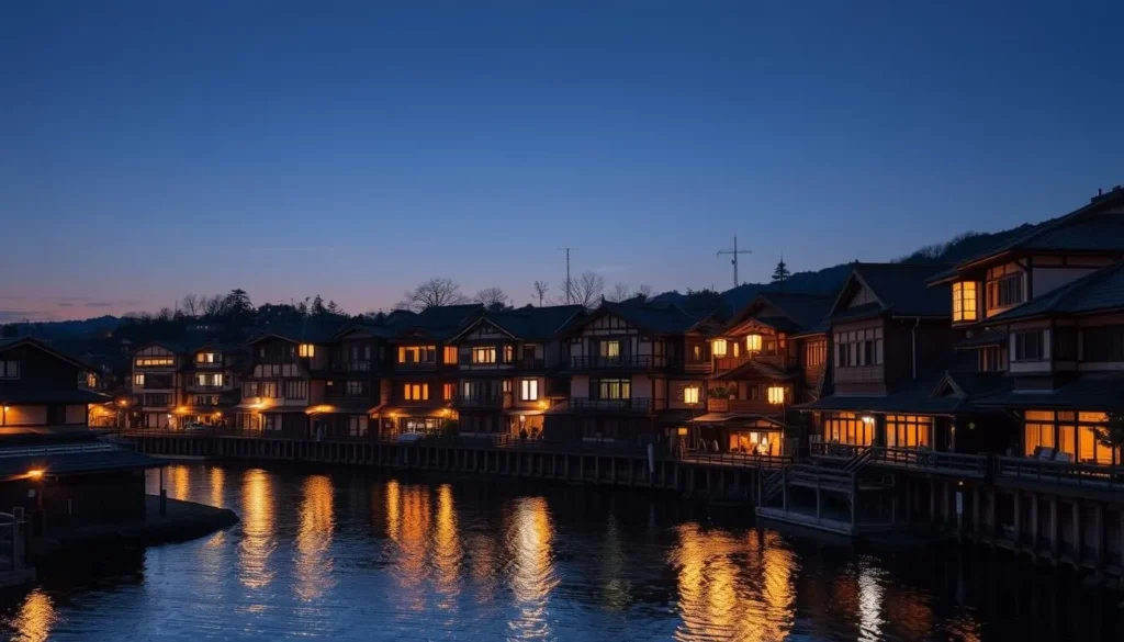 Evening view of Kazue-machi geisha district along the Asano River in Kanazawa