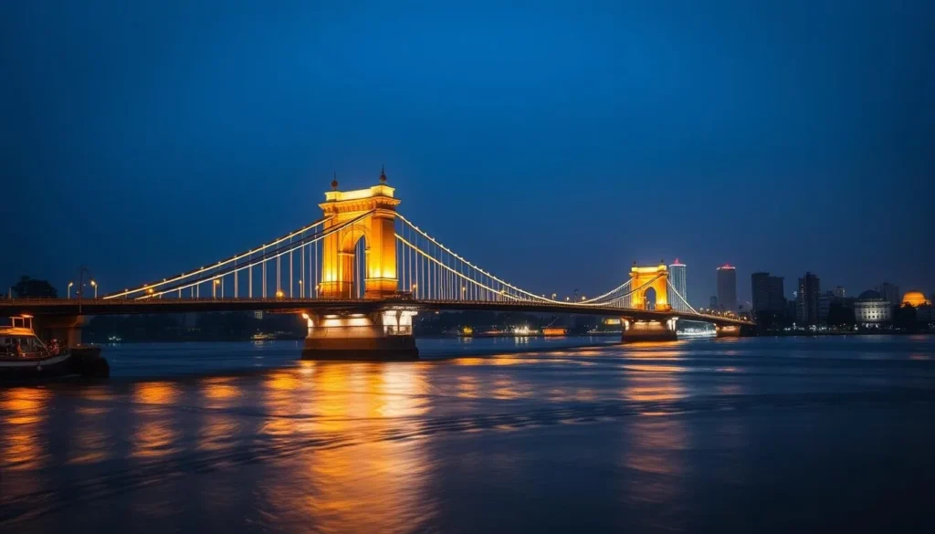 Evening view of Kolkata cityscape with illuminated Howrah Bridge over the Hooghly River at twilight Evening view of Kolkata cityscape with illuminated Howrah Bridge over the Hooghly River at twilight