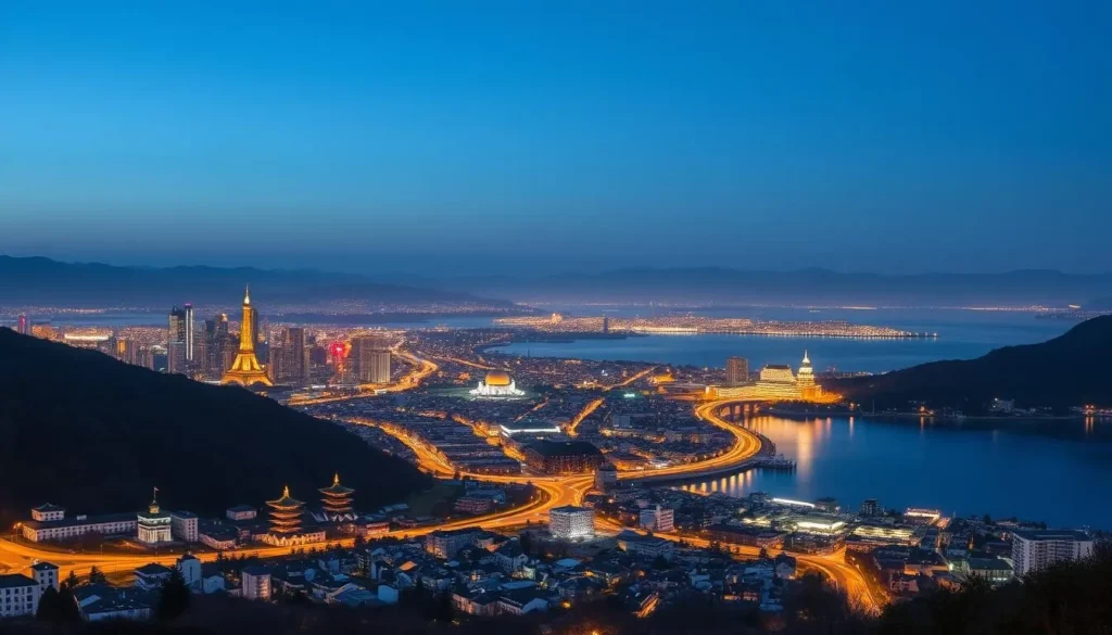 Evening view of Otsu City with Lake Biwa and illuminated buildings, Otsu City, Japan