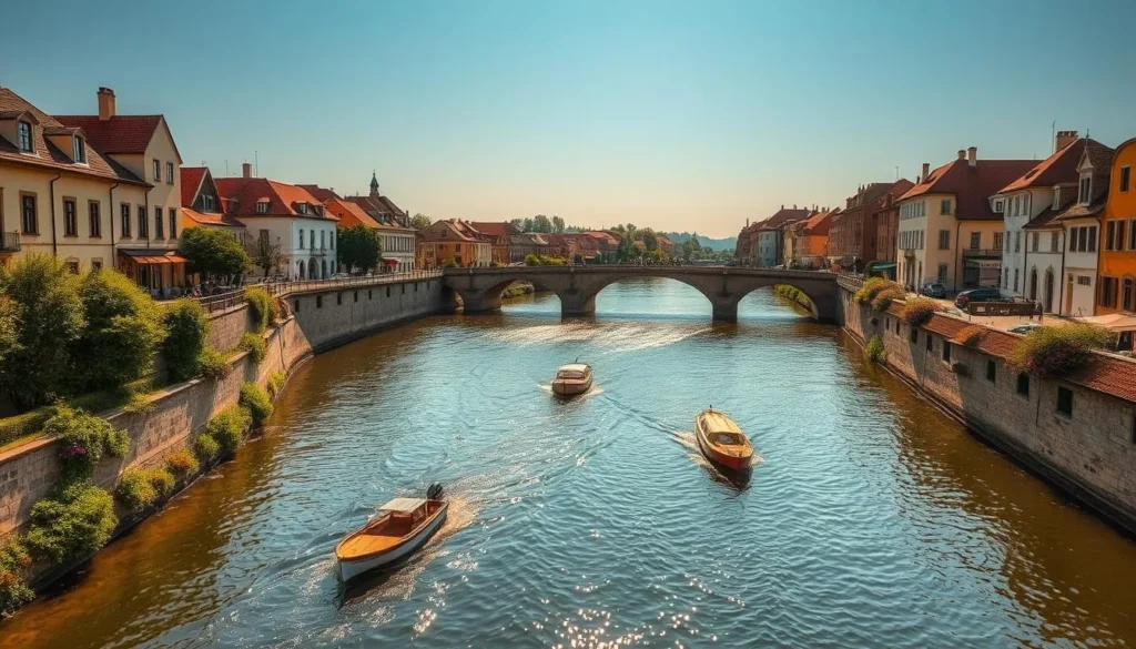 Expansive golden canals winding through a picturesque historic town, sunlight glittering on the tranquil waters. Elegant stone bridges arch gracefully over the canals, flanked by charming pastel-colored buildings with terracotta roofs. Lush greenery lines the banks, dotted with blooming flowers. A serene atmosphere pervades, as a few small boats gently float by. Capture this timeless scene with a wide, high-angle lens to showcase the full scale and beauty of Trebon's captivating Golden Canal System.