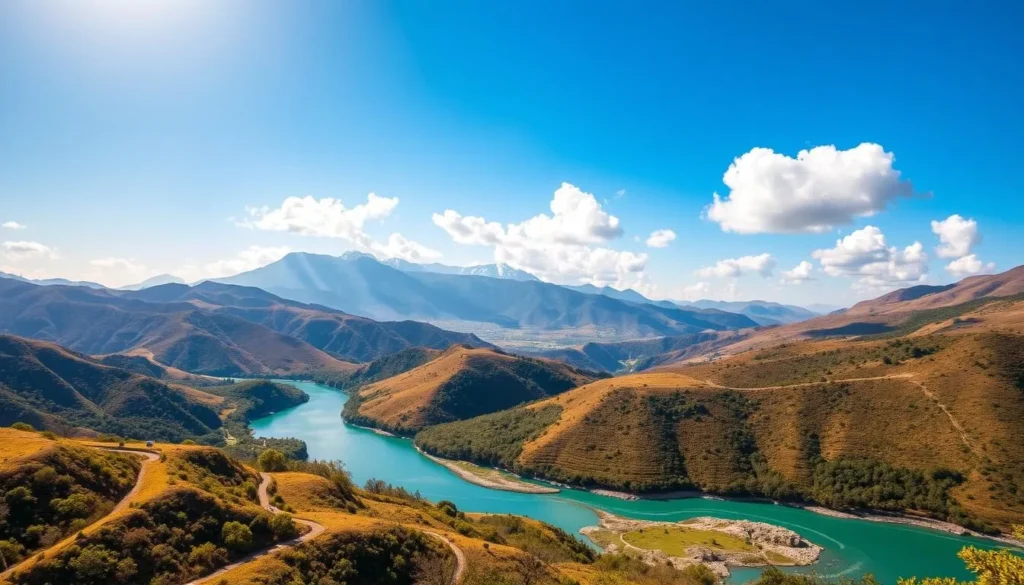 Expansive vistas of the Grande Sertao Veredas National Park, Brazil, unfold under a warm, golden sun. Rolling hills dotted with lush vegetation and winding trails invite exploration. In the foreground, a majestic mountain range rises, its peaks capped with a dusting of snow. A pristine, turquoise-blue river meanders through the valley, its reflective surface capturing the natural beauty around it. Fluffy, white clouds drift lazily across the sky, casting delicate shadows on the landscape below. The scene exudes a sense of tranquility and adventure, perfectly capturing the essence of this remarkable protected area.
