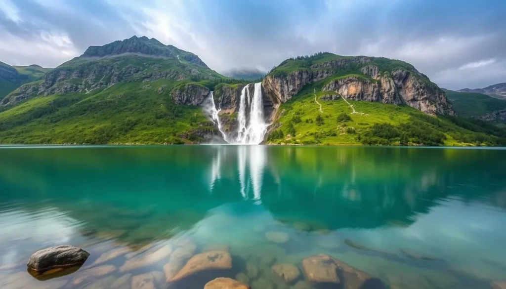 Explore the serene landscapes surrounding Leirvatnet Lake, Norway, and discover the majesty of the Galdhopiggen Group's waterfalls.