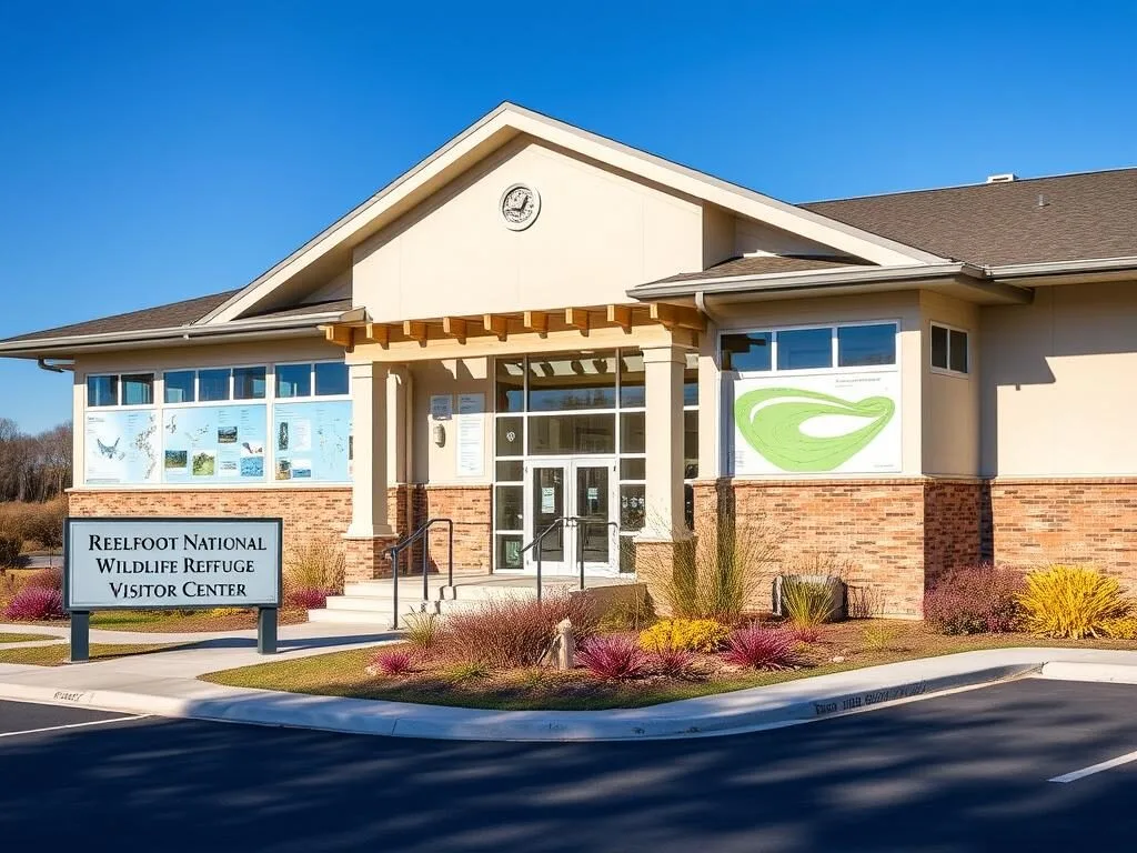 Exterior of Reelfoot National Wildlife Refuge Visitor Center with educational signage