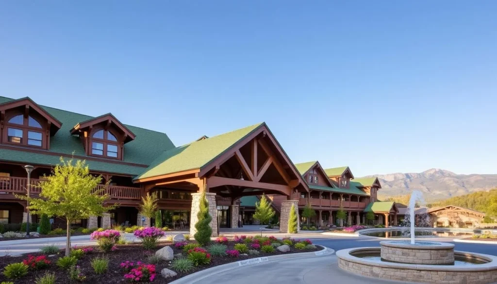 Exterior view of Dollywood's DreamMore Resort and Spa with mountains in the background