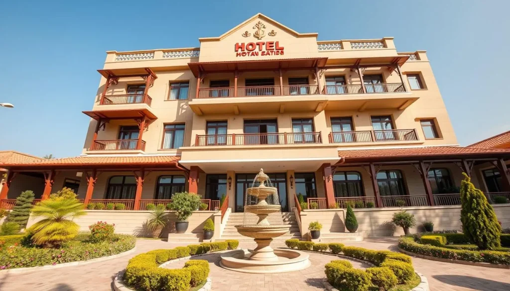 Exterior view of a modern hotel in Faisalabad with traditional architectural elements