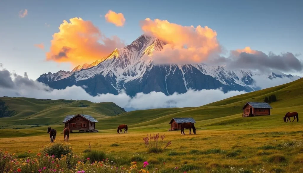Fairy Meadows with Nanga Parbat mountain in the background at sunset