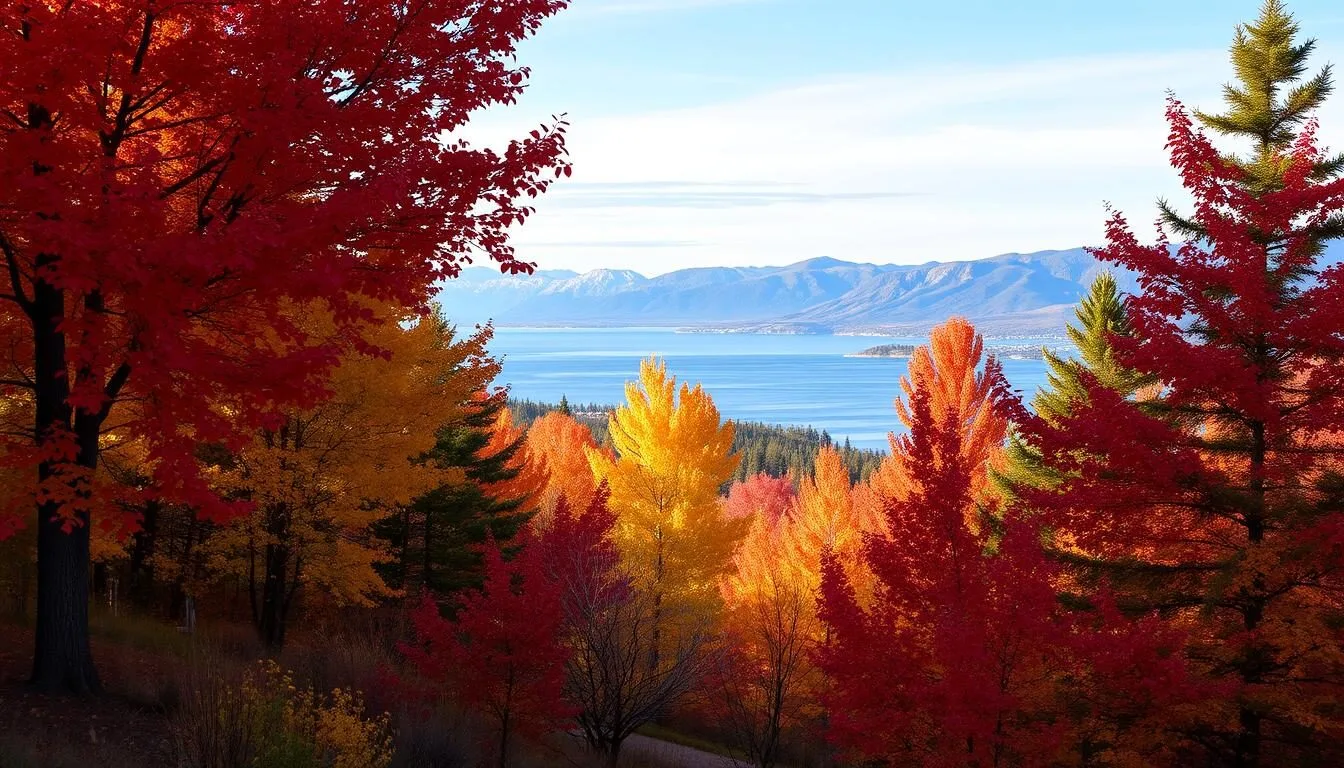 Fall colors in Sandpoint Idaho with mountain backdrop