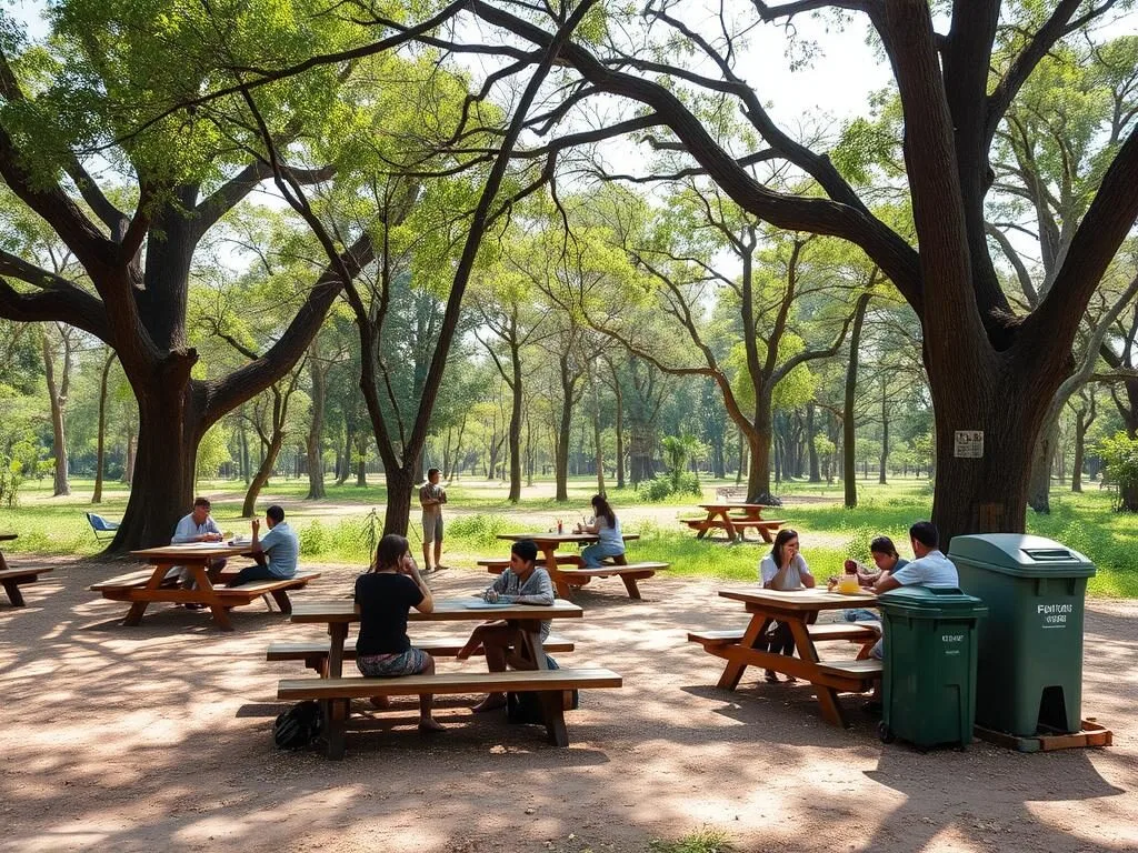 Families enjoying a picnic in a designated area of Bhawal National Park with picnic tables and shade