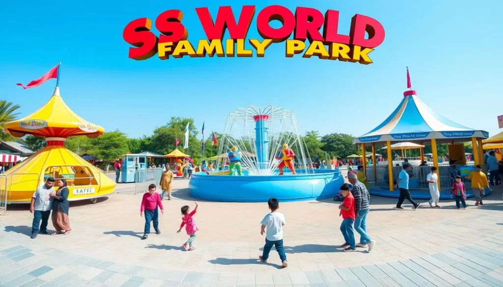 Families enjoying activities at SS World Family Park in Bahawalpur with rides and attractions