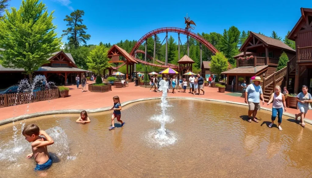 Families enjoying attractions in Wildwood Grove area of Dollywood on a sunny day