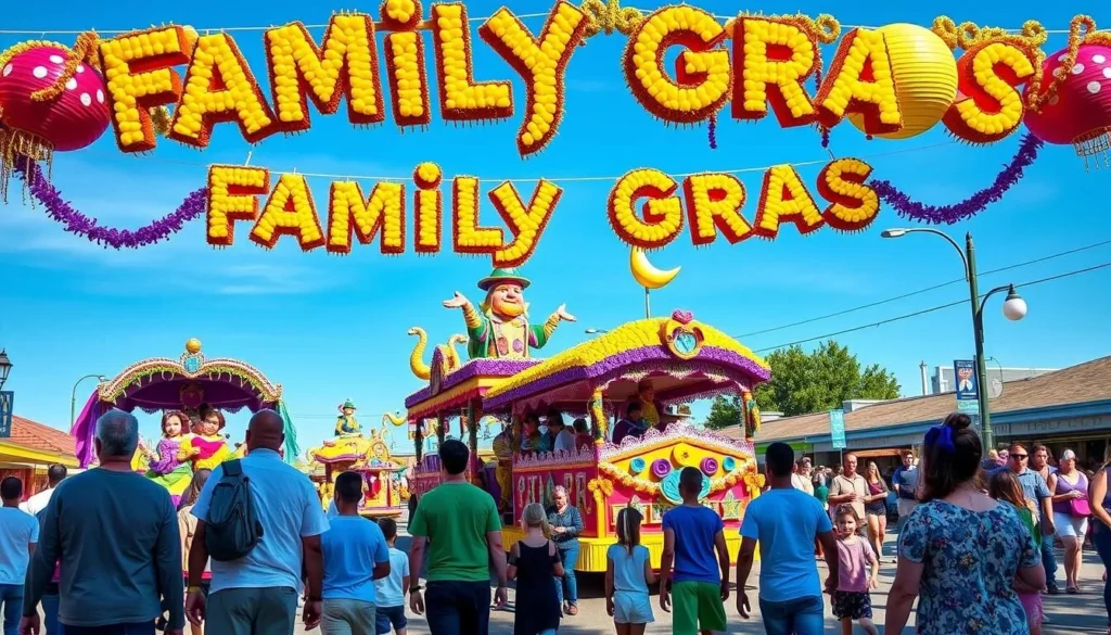 Family Gras celebration in Metairie with colorful parade floats and families enjoying the festivities