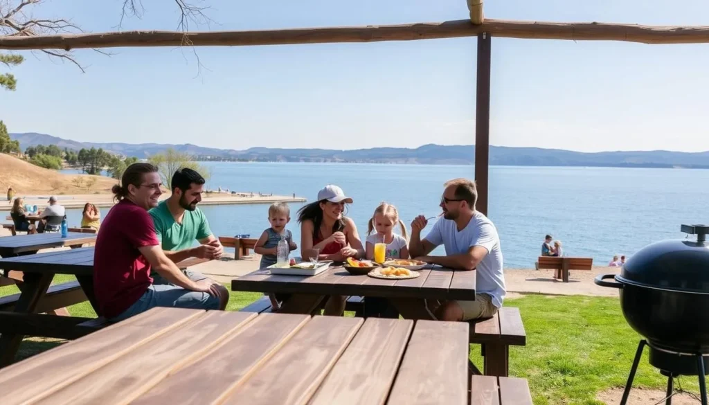 Family enjoying a picnic at Folsom Lake with picnic tables, BBQ grills, and lake views Family enjoying a picnic at Folsom Lake with picnic tables, BBQ grills, and lake views