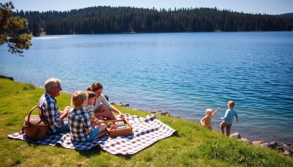 Family enjoying picnic by Blue Lake Mendocino County California things to do
