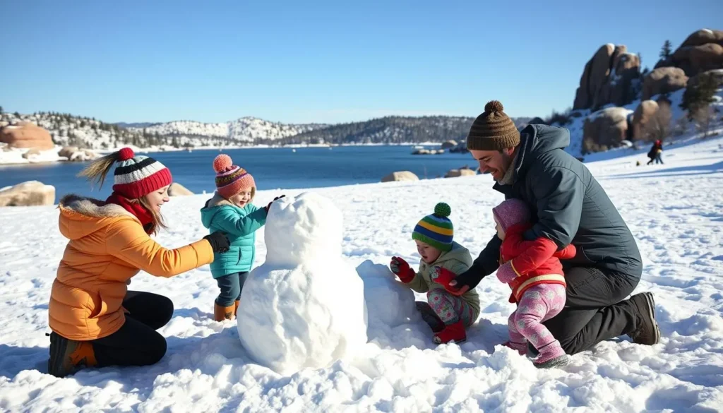 Family enjoying snow play and building a snowman at Boulder Bay Park Family enjoying snow play and building a snowman at Boulder Bay Park